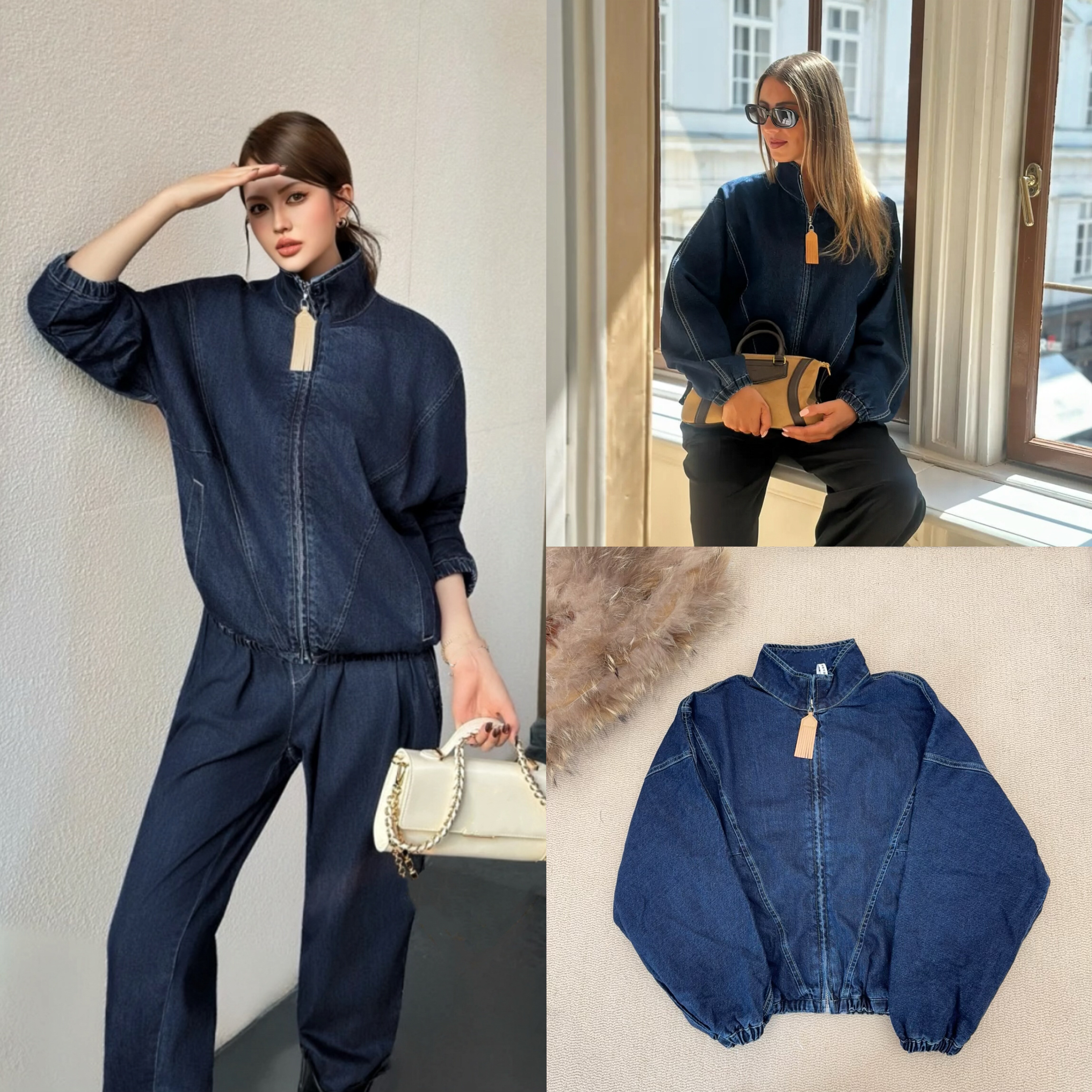 2026新款小众设计感牛仔外套女蝙蝠袖宽松立领拉链休闲夹克衫