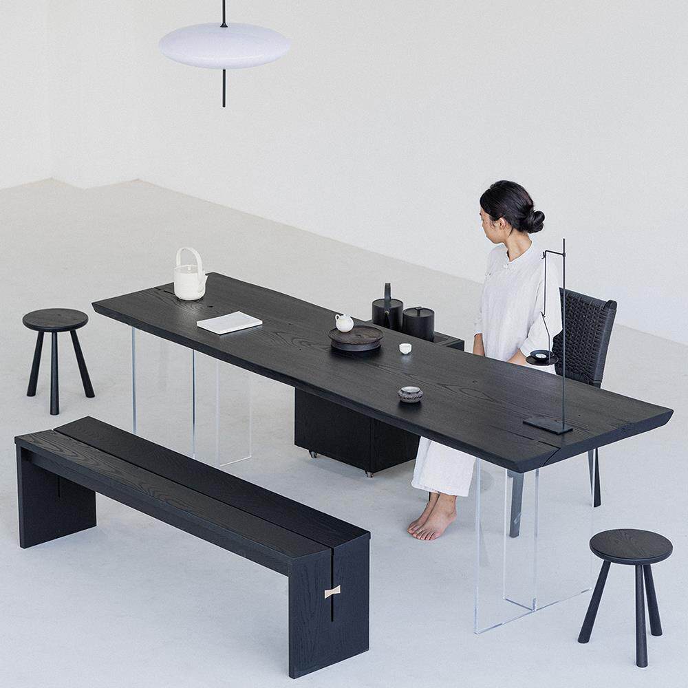 叁几 侘寂风碳化实木餐桌家用阳台茶桌白蜡木黑色桌子长方形书桌