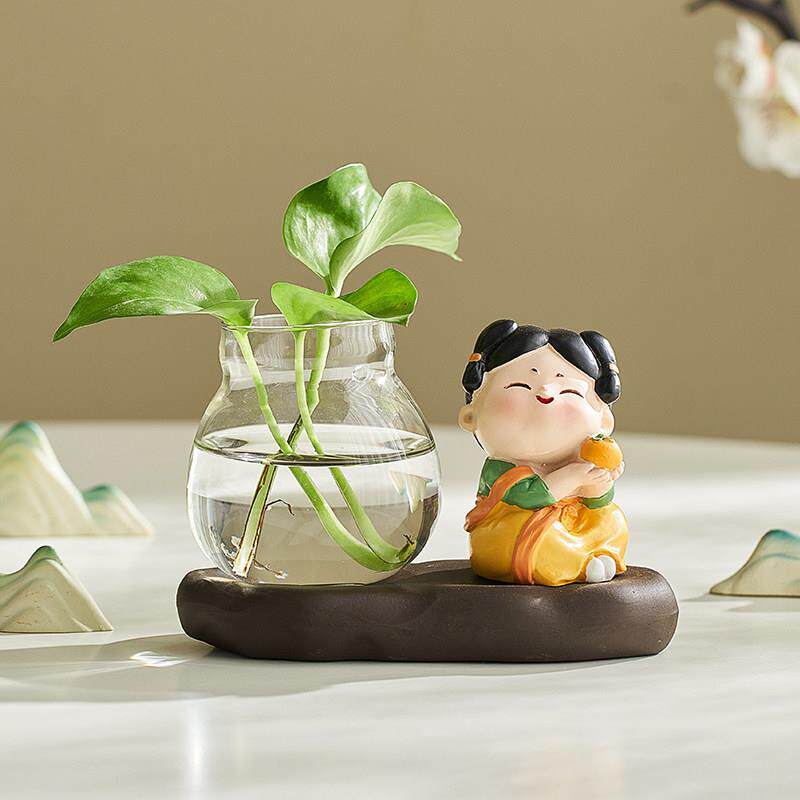治愈系办公室桌面茶桌客厅装饰品绿萝绿植迷你小花瓶摆件水培器皿