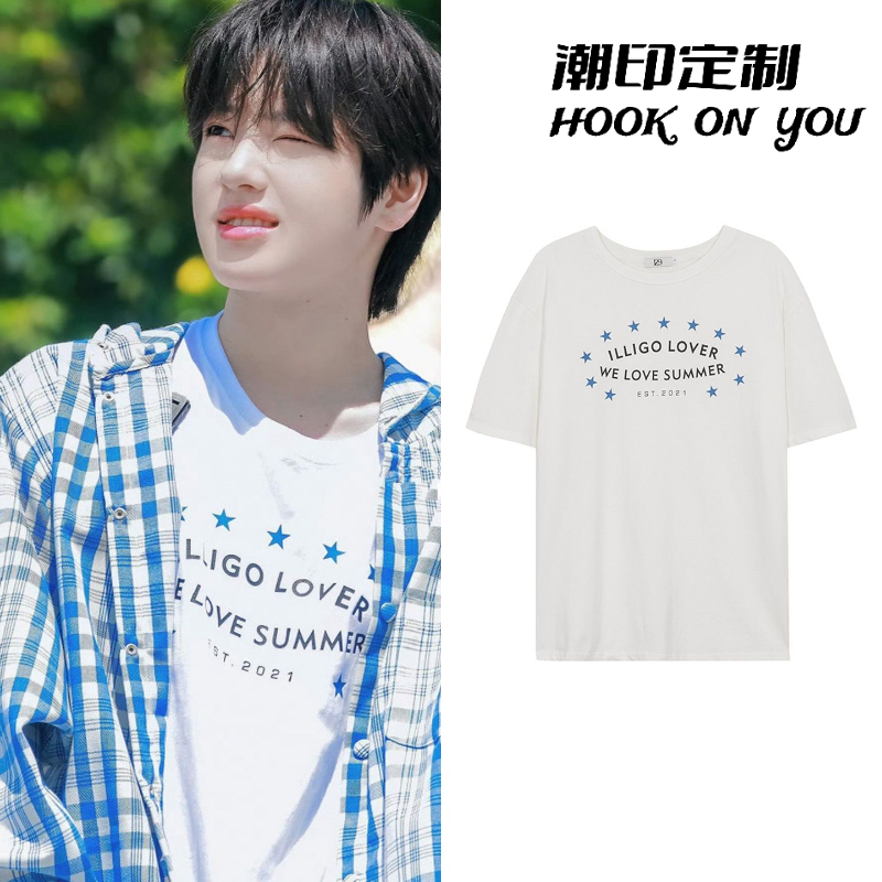 nct wish藤永咲哉sakuya同款星星字母印花25年夏季宽松短袖圆领t