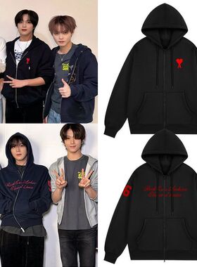 NCT127DREAM李东赫楷灿同款印花连帽衫宽松卫衣春秋加绒拉链外套