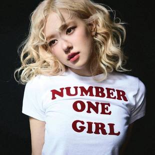 rose朴彩英新单曲number one girl同款文字印花纯棉短袖宽松上衣