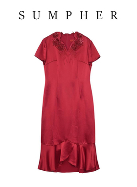 【六礼】精选品牌女装高端时尚气质百搭酒红色连衣裙-17339