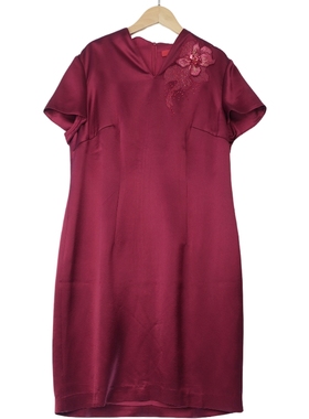 【六礼】精选品牌女装高端撤柜品牌折扣酒红色连衣裙A1-16583