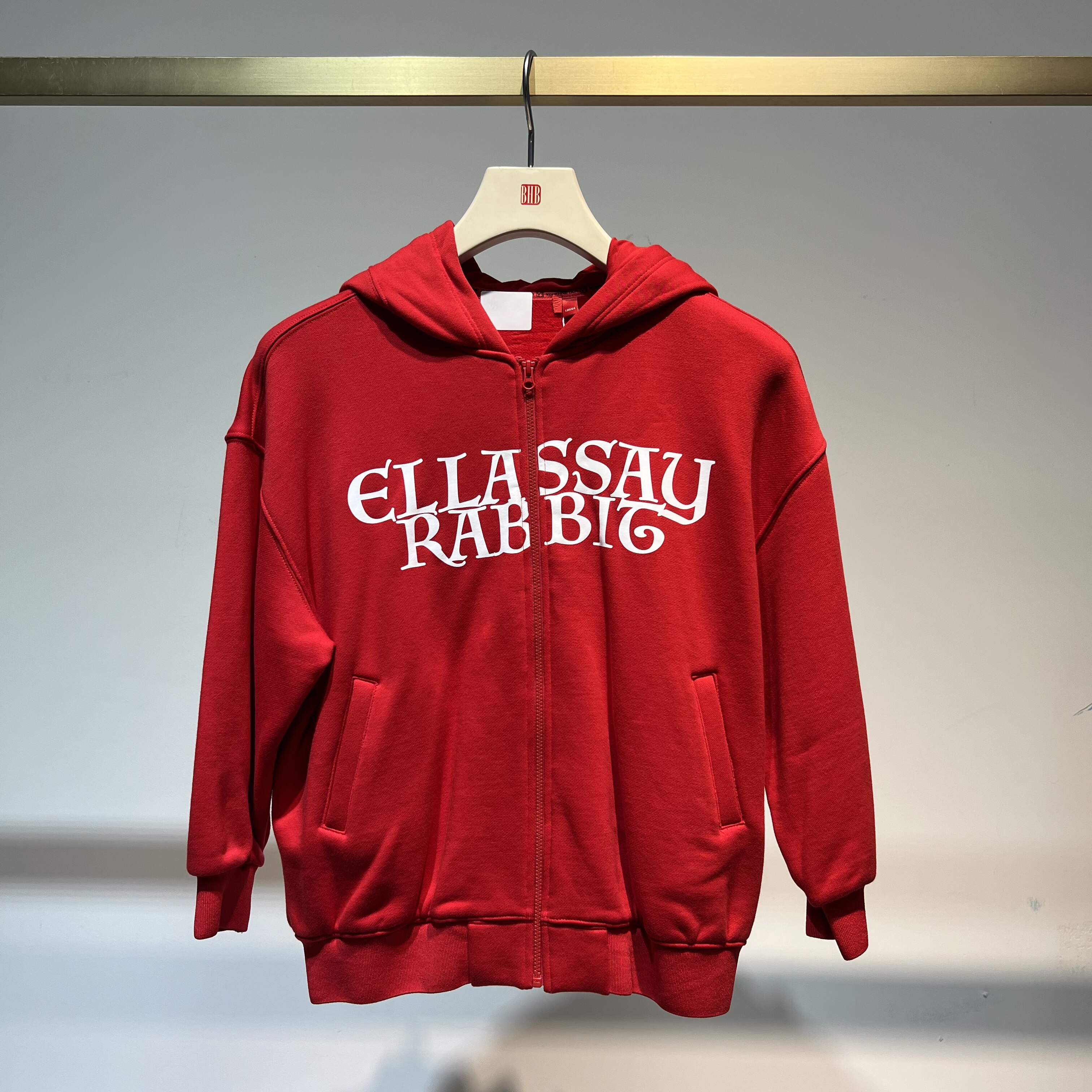 【歌】美式字母印花连帽卫衣女款宽松拉链红色休闲外套-341T012