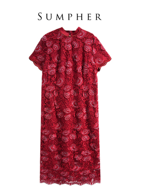 【六礼】精选品牌女装高端时尚气质百搭酒红色连衣裙17081