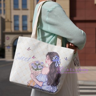 新款韩系时尚双面印花帆布包大容量学生补习包带拉链通勤单肩女包