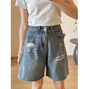 复古破洞牛仔短裤女夏季薄款大码胖mm梨形身材高腰显瘦a字五分裤
