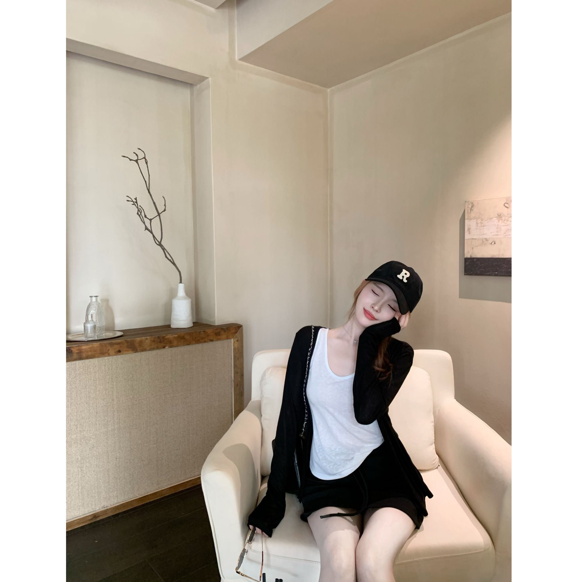 SZA【松弛有度】薄款长袖防晒开衫白色吊带两件套女叠穿上衣A3078图片