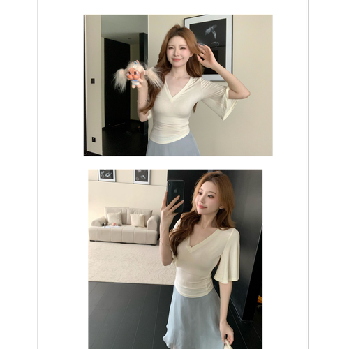 SZA【都市美人】V领小心机短袖T恤女夏季绝美修身打底上衣A-3134