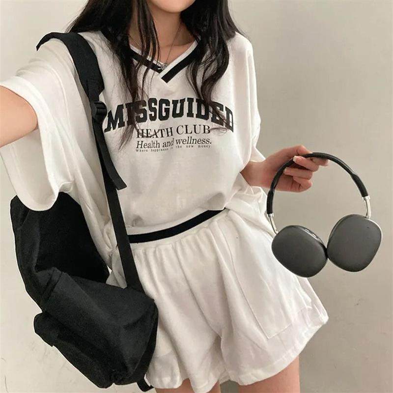 3色 韩版棉V领套装女款外贸短大码连衣裙