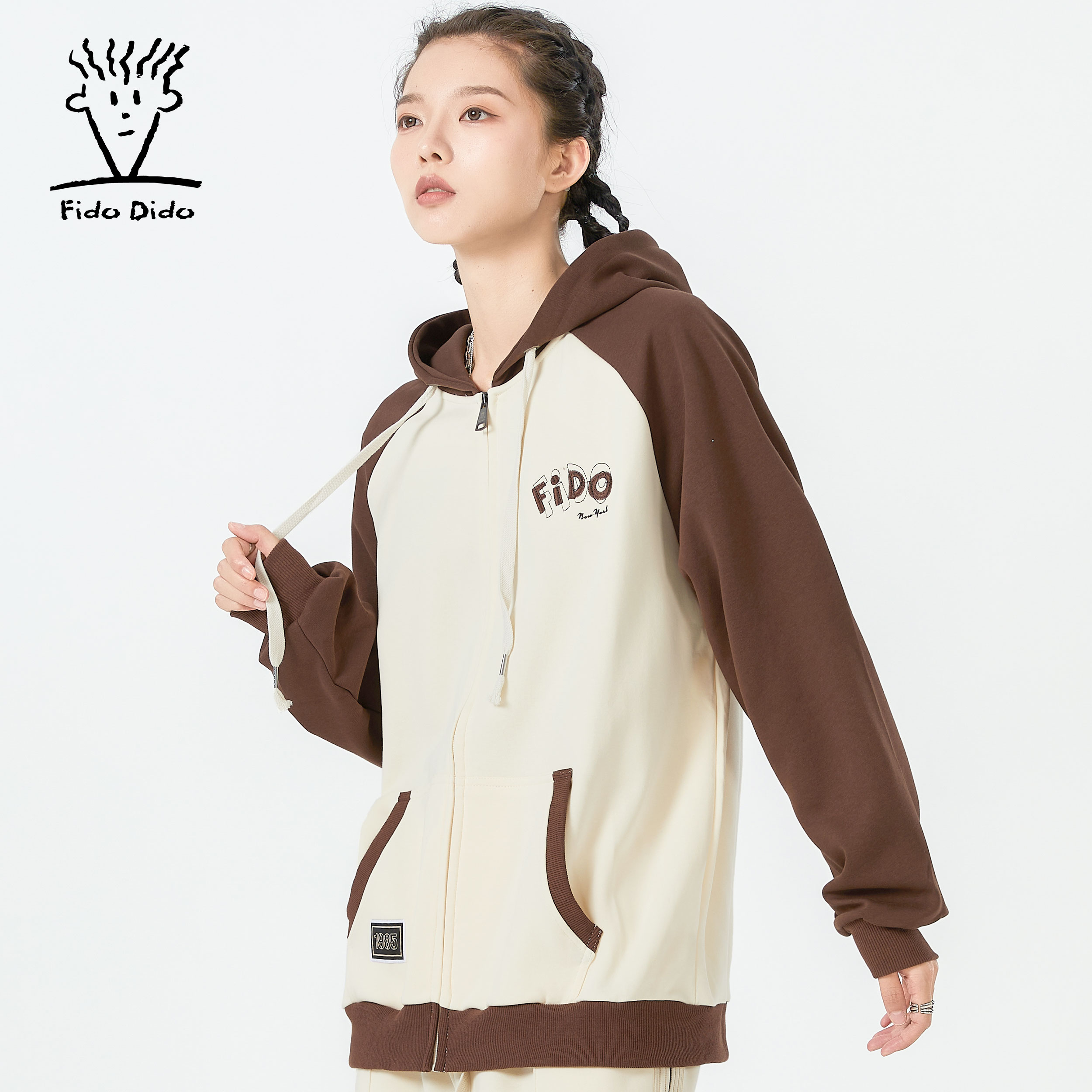 FIDO DIDO撞色拼接oversize连帽卫衣外套男女同款FDCSW0030HJ