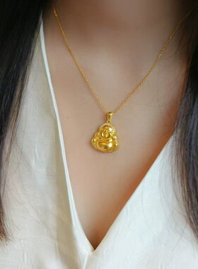 抖音同款古法沙金点钻弥勒佛吊坠女大肚笑面佛挂坠锁骨链D-4a3164