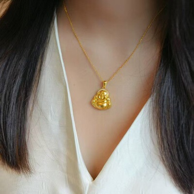抖音同款古法沙金点钻弥勒佛吊坠女大肚笑面佛挂坠锁骨链D-4a3164