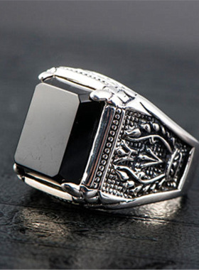 钻石之乡河南商丘复古泰银黑暗之魂戒指 仿黑玛瑙开口男戒指a2407