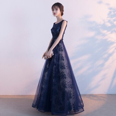 藏青色晚礼服女2026新款平时可穿气质宴会简单大方蕾丝连衣a4421