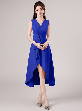 2026新款纯色V领无袖宴会连衣裙欧美显瘦荷叶不规则裙摆晚会a4314