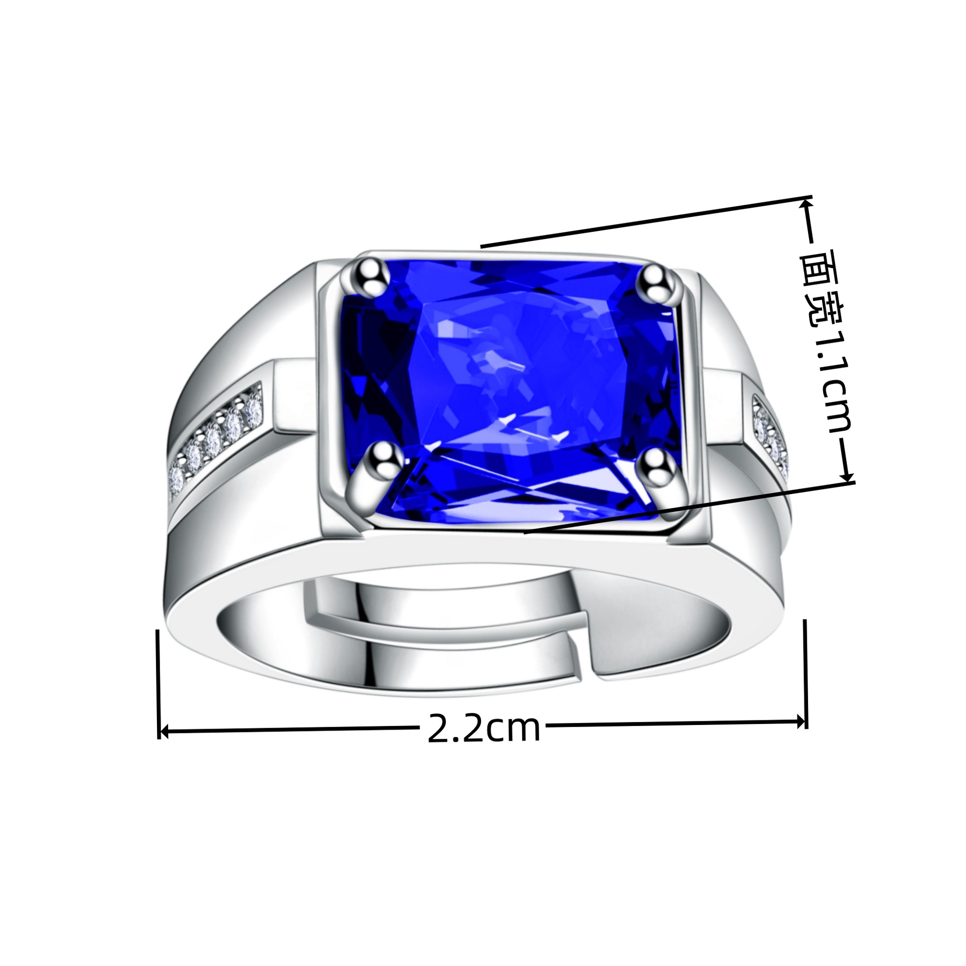 钻石之乡河南柘城河南人工钻石新款长方形钻蓝绿彩石戒指时尚霸气