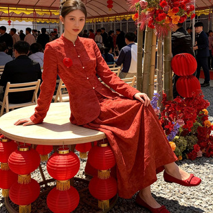 红色旗袍敬酒服新款长裙新中式国风结婚礼服订婚连衣裙长袖a4684