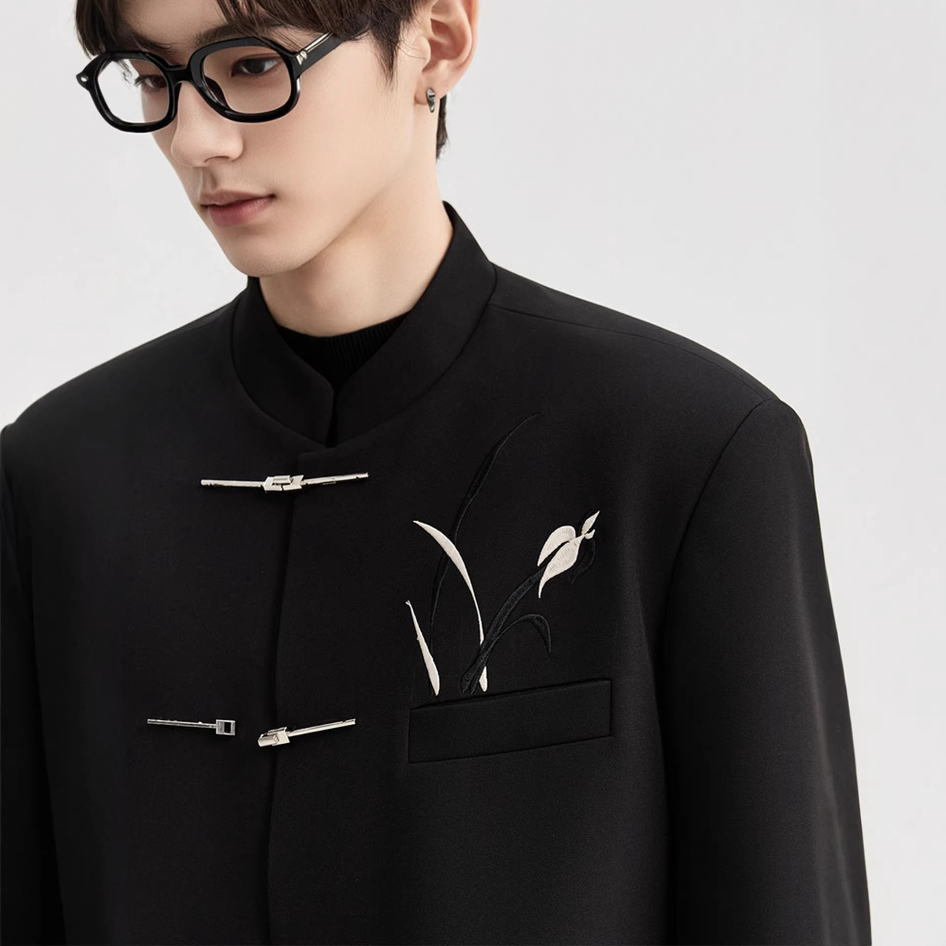 新中式立领西装男黑色暗纹改良唐装外套结婚新郎中式礼服刺a4685