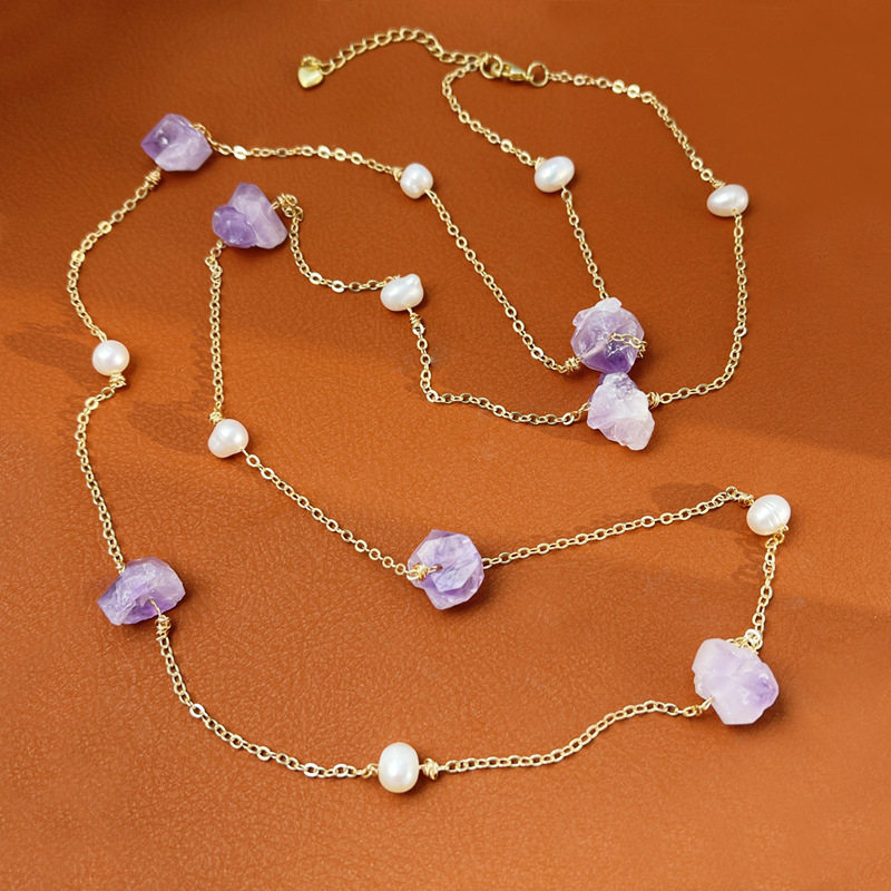 紫水晶原矿石天然淡水珍珠项链设计小众简搭浅搭毛衣链厂家a3048