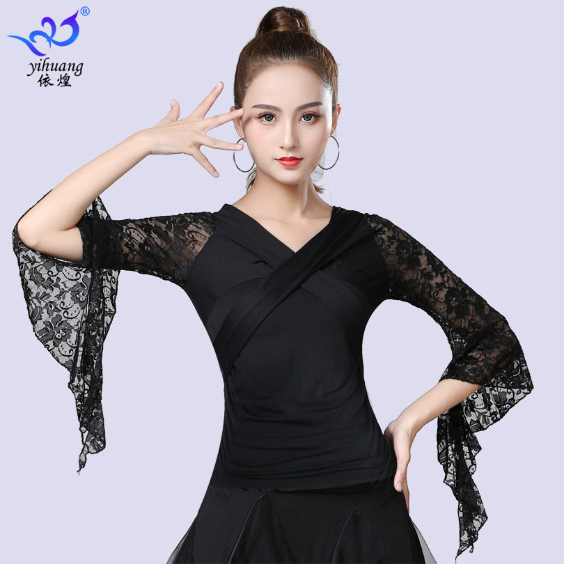拉丁舞服练习上衣交谊舞国标舞舞蹈表演上衣跳舞服蕾丝喇叭a5438