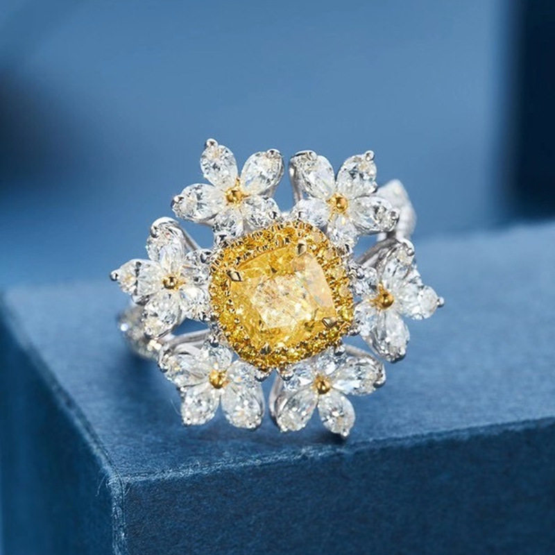 钻石之乡河南商丘抖音直播绽放花朵黄钻戒指环 豪华轻奢彩色a2815