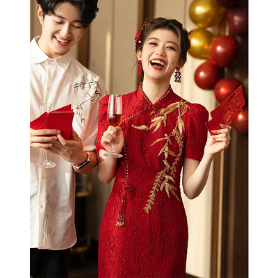 新中式敬酒服新娘显瘦改良旗袍结婚订婚回门礼服酒红色高级a4733