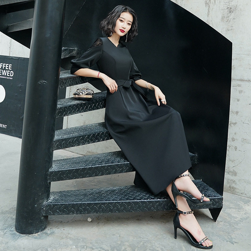 黑色晚礼服女宴会优雅气质中长款简单大方连衣裙平时可穿大a4372