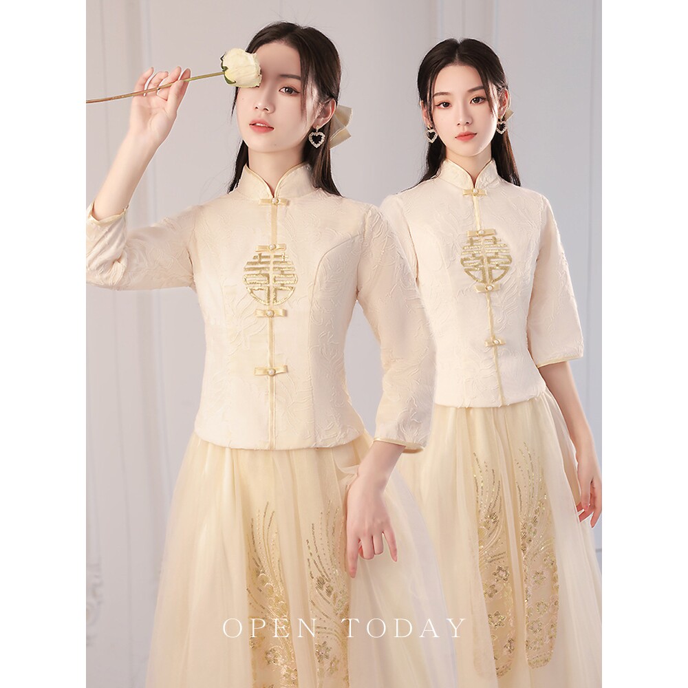 新中式伴娘服香槟色长袖姐妹裙新款婚礼礼服日常可穿秋冬款a4698