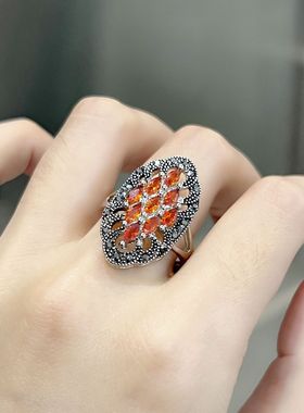 钻石之乡河南商丘复古彰显典雅泰银黑石榴石锆石戒指银泰银a2460