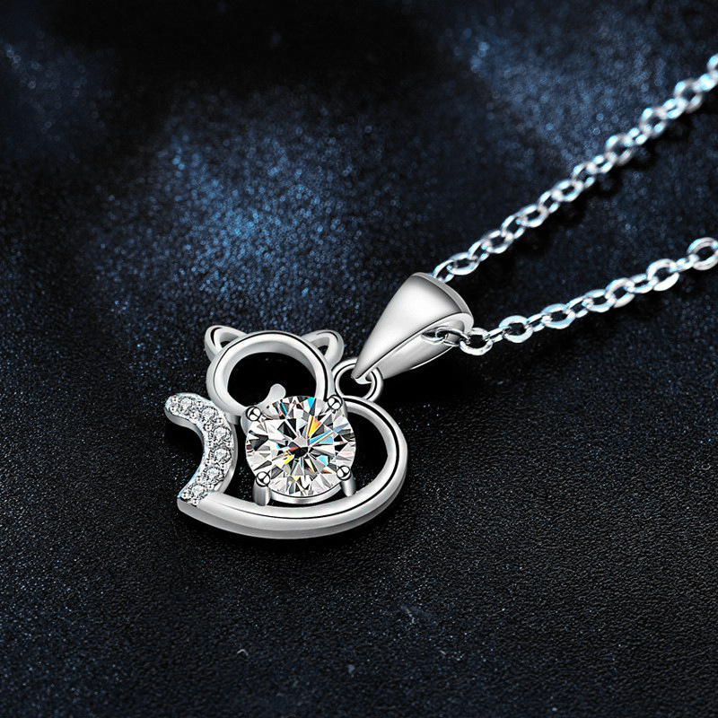 钻石之乡中国商丘可爱猫咪925纯银项链夏天小众莫桑石锁骨吊a0056