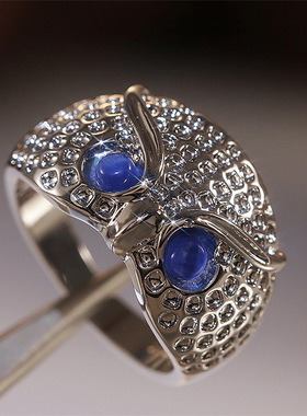 钻石之乡河南商丘欧美wish热卖款 创意蓝色猫眼猫头鹰戒指 a0208