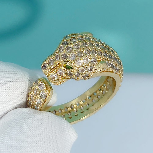 钻石之乡河南商丘经典时尚绿眼金钱豹戒指 镶嵌锆石满钻豹头a0066