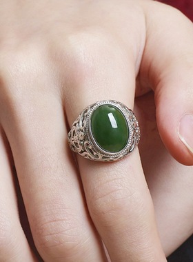 钻石之乡河南商丘复古镂空十字架造型和田玉碧玉绿宝石戒指a2920