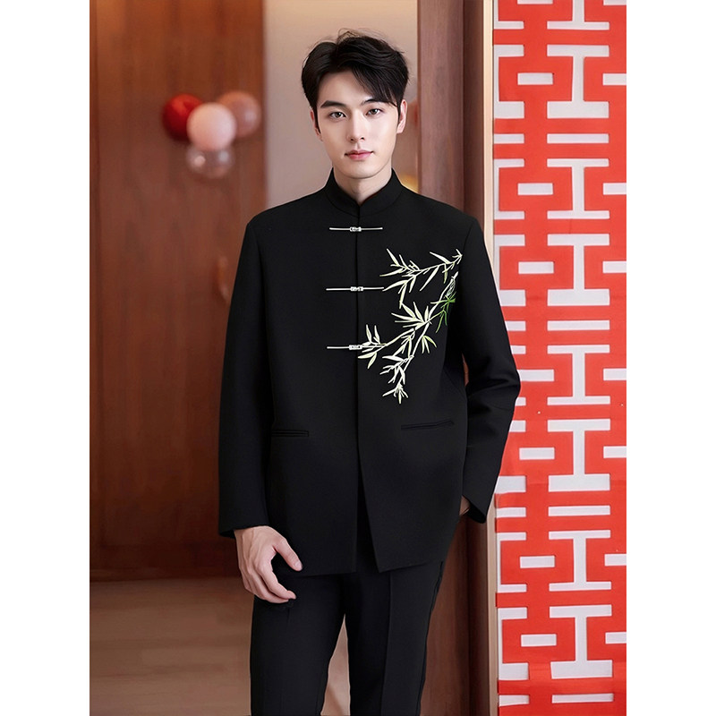 中山装新中式西装套装男高级感订婚穿搭竹叶刺绣垫肩唐装西a4761