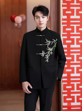 中山装新中式西装套装男高级感订婚穿搭竹叶刺绣垫肩唐装西a4761