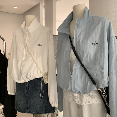 韩系新款百搭立领拉链防晒外套夏季薄款休闲宽松刺绣运动户外上衣