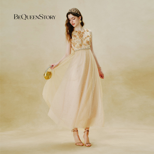 金立体花网纱收腰礼服连衣裙 BeQueenStory25早秋新款 明星同款