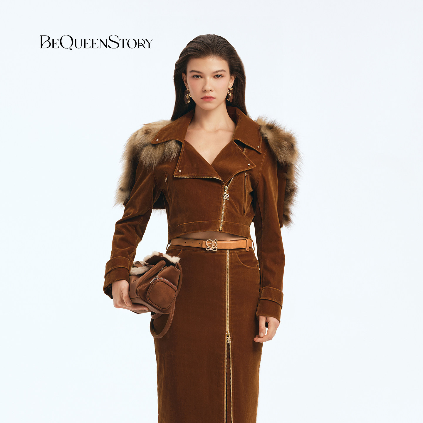 BeQueenStory棕水洗植绒皮革收腰毛领风衣大衣外套2026秋季新款女