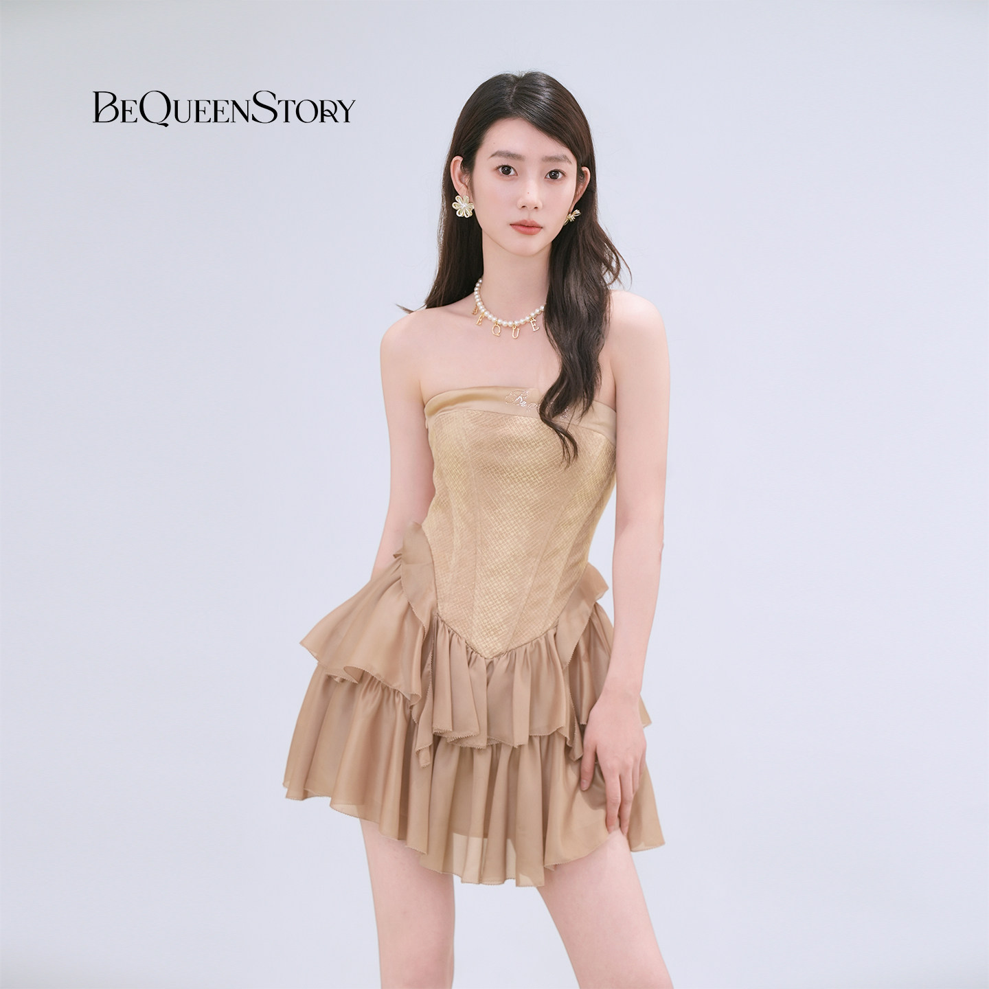 BeQueenStory26早春新款棕抹胸高腰拼接飘带蛋糕礼服裙连衣裙短裙
