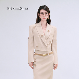 外套上衣 西装 BeQueenStory26早春新款 棕翻领收腰双排扣通勤短款
