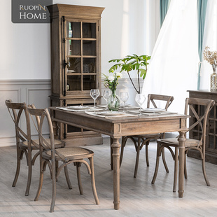复古简约方形桌 乡村Style北美白橡木特惠实木餐桌餐椅套装 法式 美式