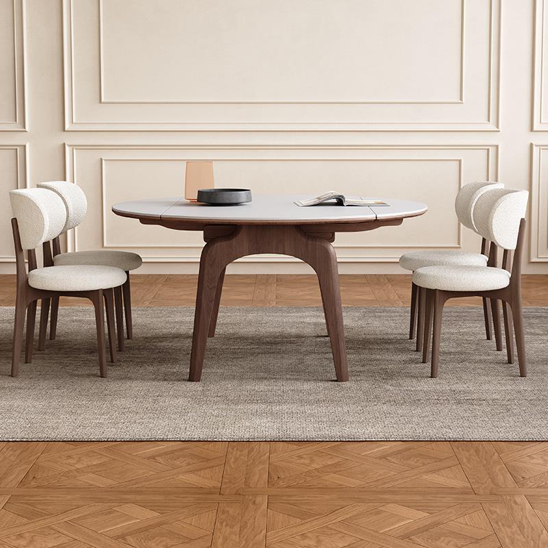 实木岩板餐桌可伸缩胡桃色家用小户型现代简约方圆两用实木圆餐桌