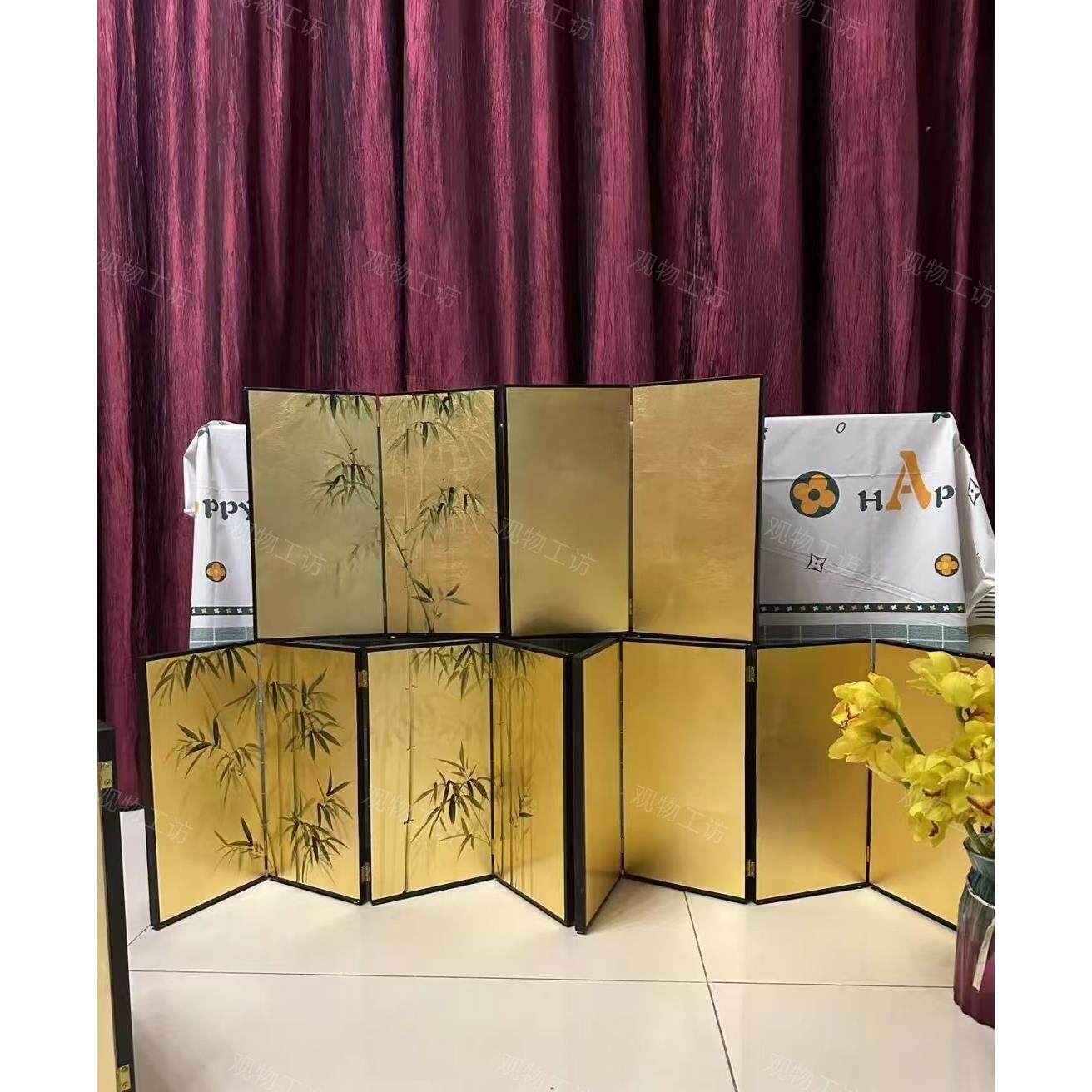 定制桌面摆件手绘金箔小屏风竹子新中式折叠移动隔断仿古艺术摄影