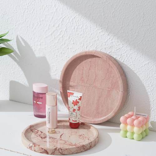 浪漫粉色天然大理石托 托盘玄关样板间摆件香薰蜡烛首饰置物艺术