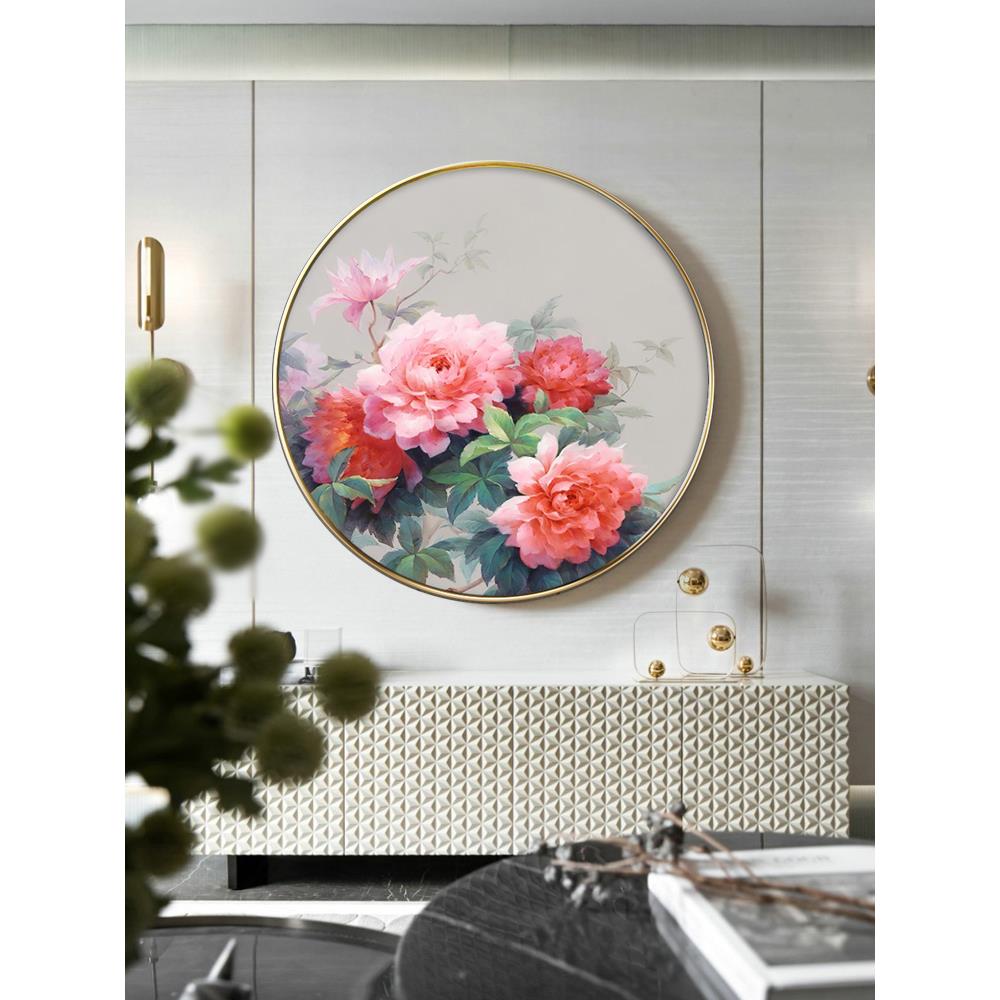 新中式圆形花开 富贵玄关装饰画 画牡丹进门入户背景墙壁挂画 画图片