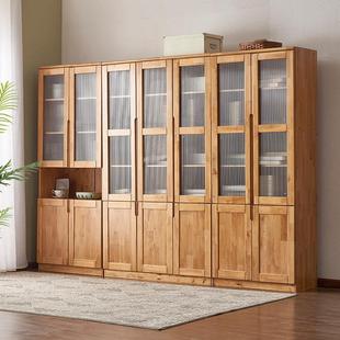 柏木全实木简约北欧组合书柜玻璃门书橱原木家俱书房带玻璃门柜子