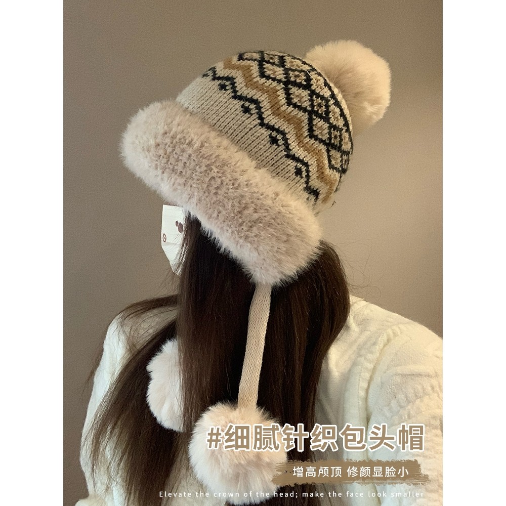 费尔岛帽子女款冬季加绒加厚保暖防寒风百搭大头围冬天针织毛线帽