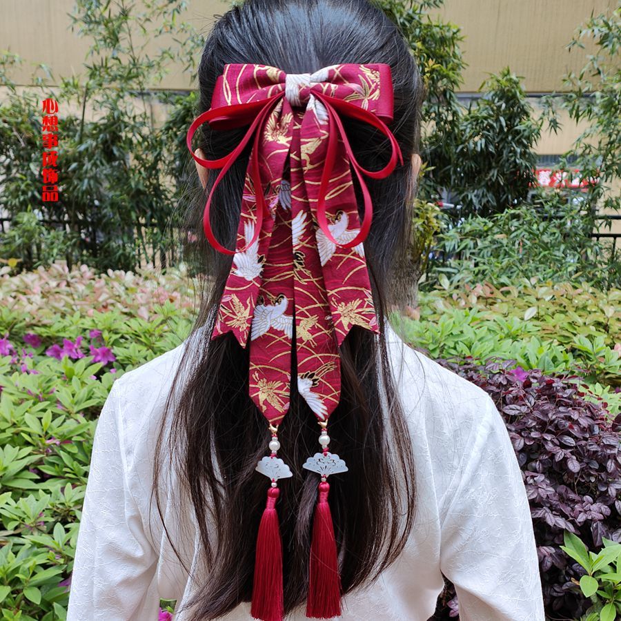 新年发饰过年头花大蝴蝶结发夹女孩学生儿童古风汉服中国风长飘带